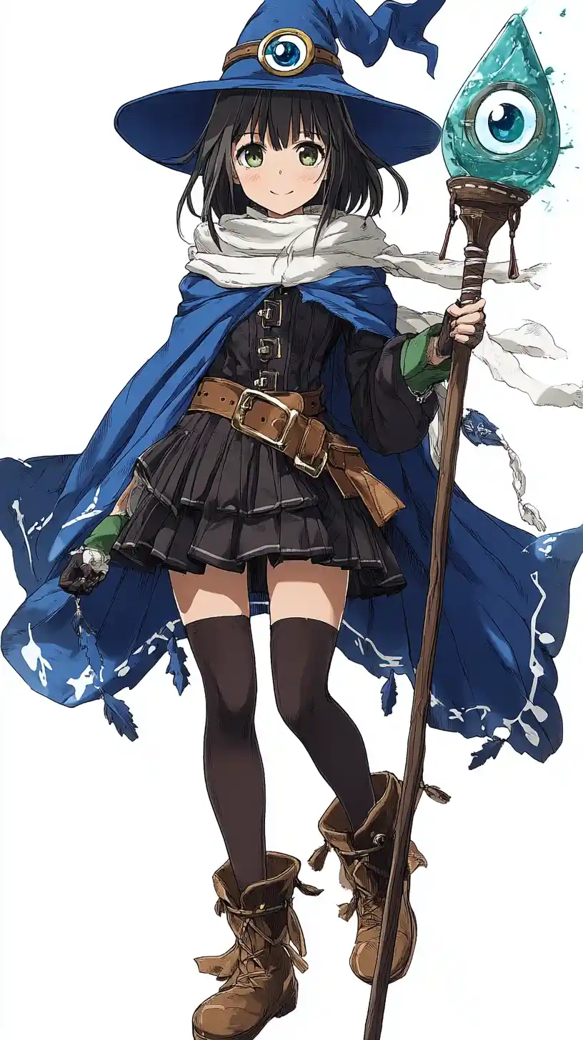 Anime witch girl with mystical eye staff and hat