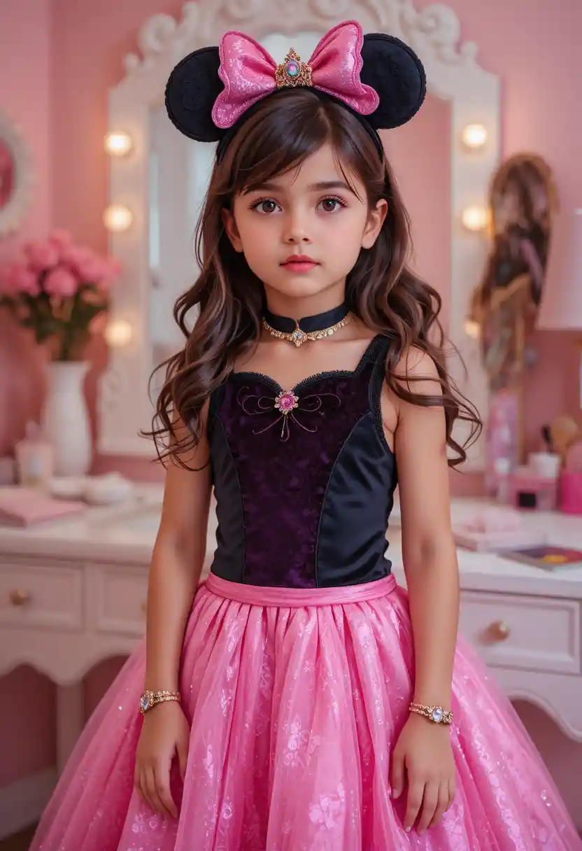 ピンクのミニーマウスのドレスを着てドレッサーに向かうヒスパニック系の少年