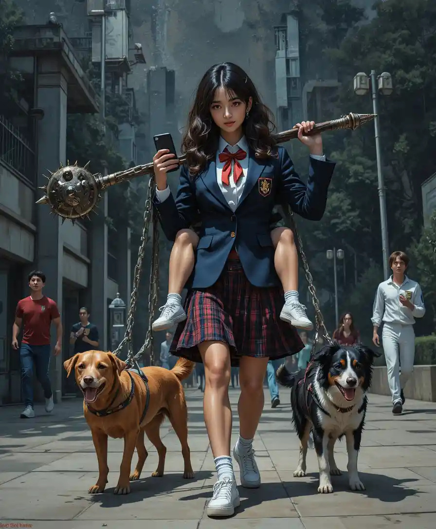 金属のフレイルを振るう学生服の若い女性