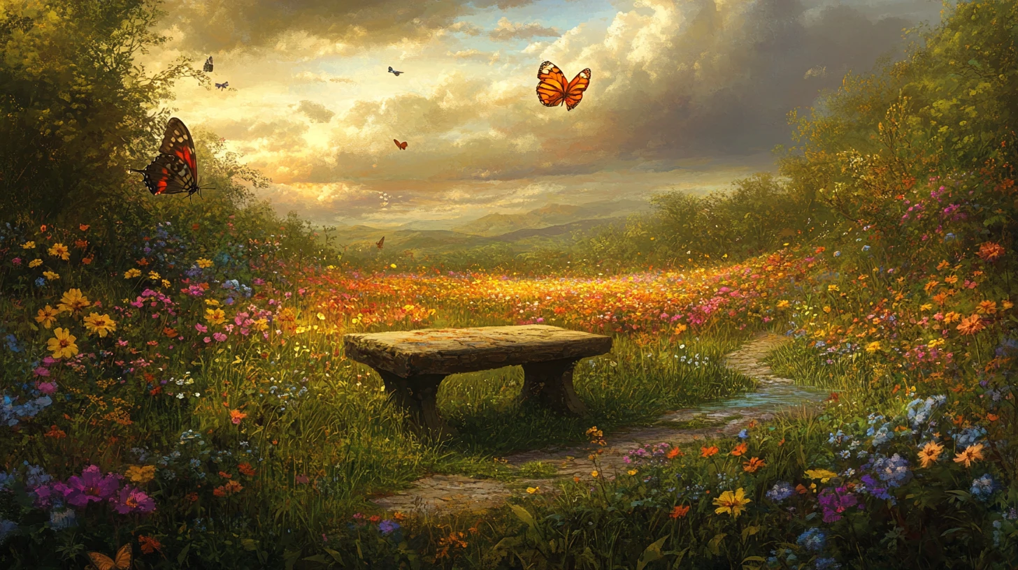 Prairie de fleurs sauvages entourant délicatement un banc de pierre silencieux