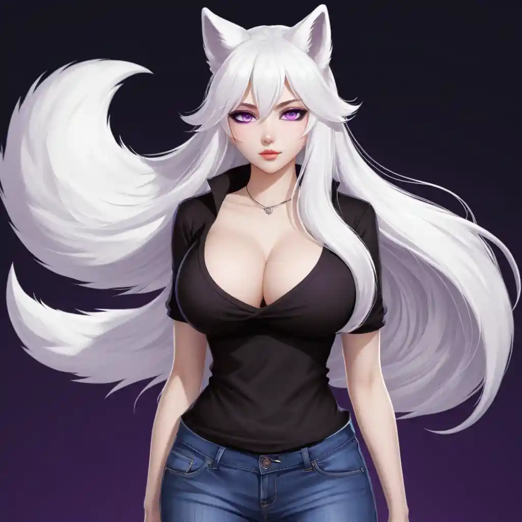 Elegantes Anime-Fuchsmädchen mit weißen Haaren in Freizeitkleidung