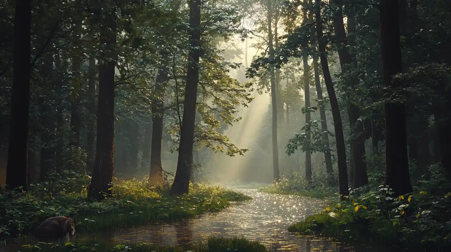 Foresta tranquilla dopo la pioggia con soffice luce del mattino