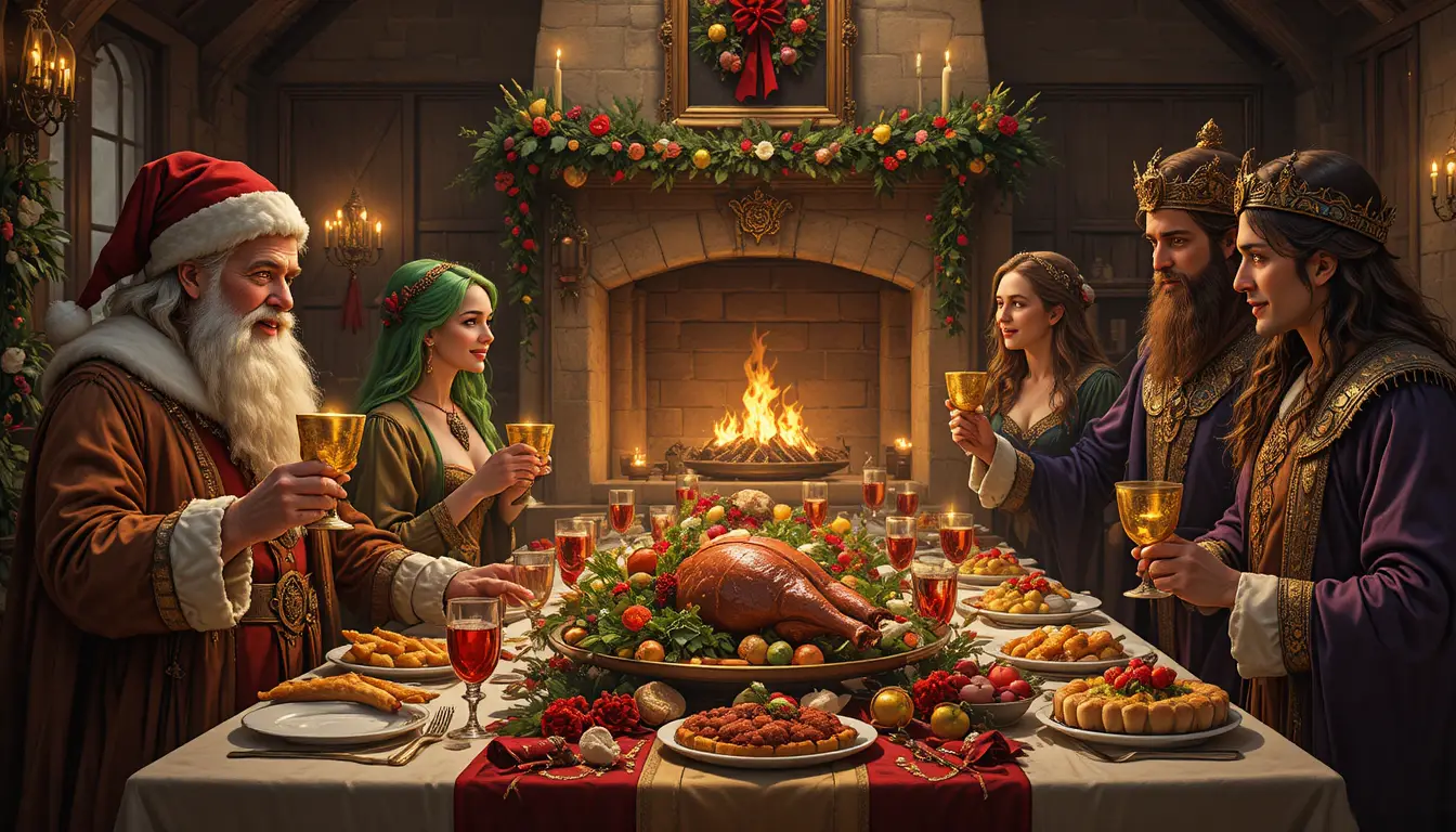 Medieval Christmas banquet with a festive fantasy couple