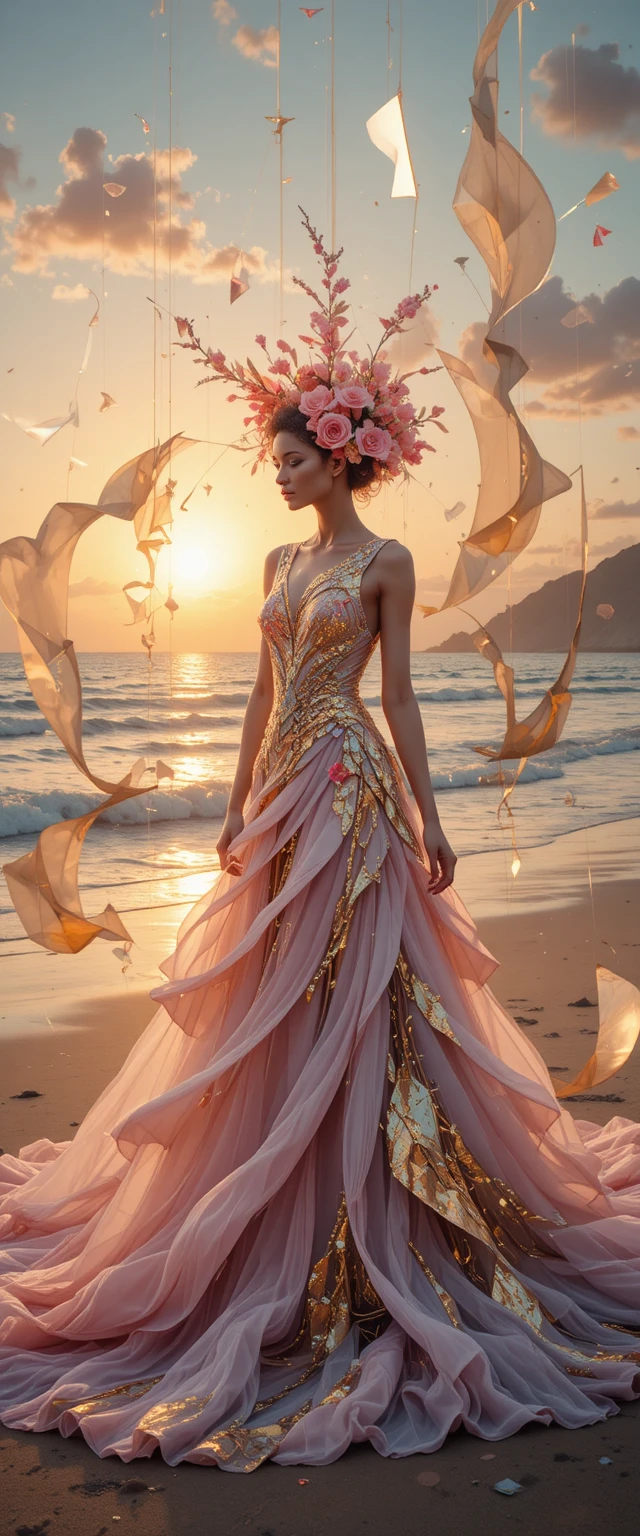 Mujer abstracta surrealista con vestido fluido en una playa al atardecer