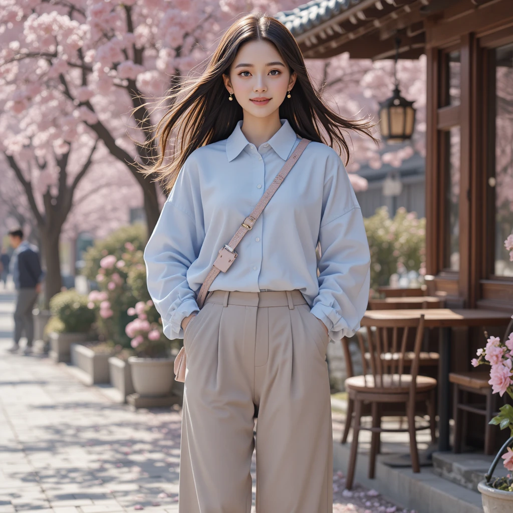 수수한 파스텔 스트리트 패션의 귀여운 한국 소녀