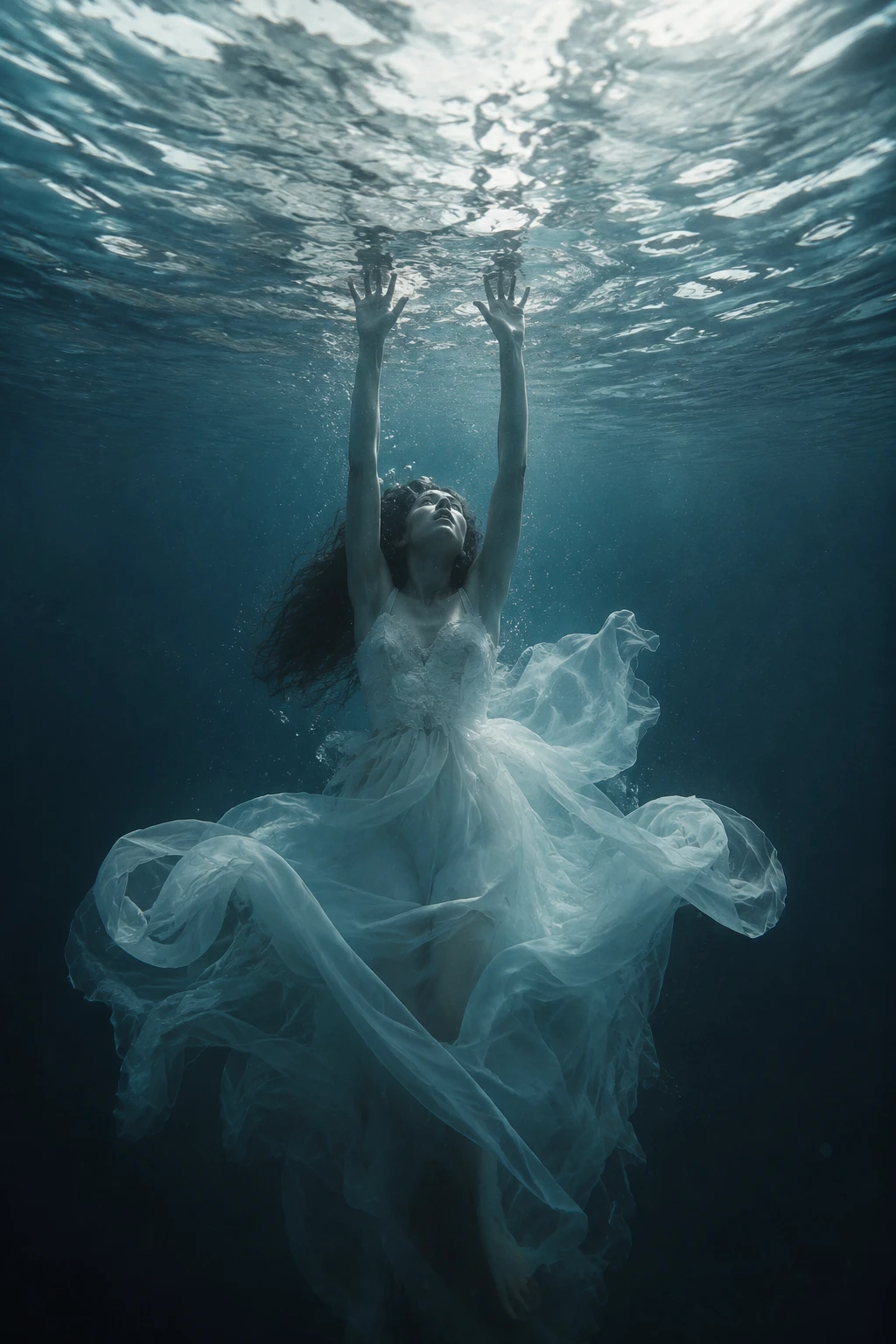 Mujer con vestido blanco hundiéndose en un tranquilo lago subacuático