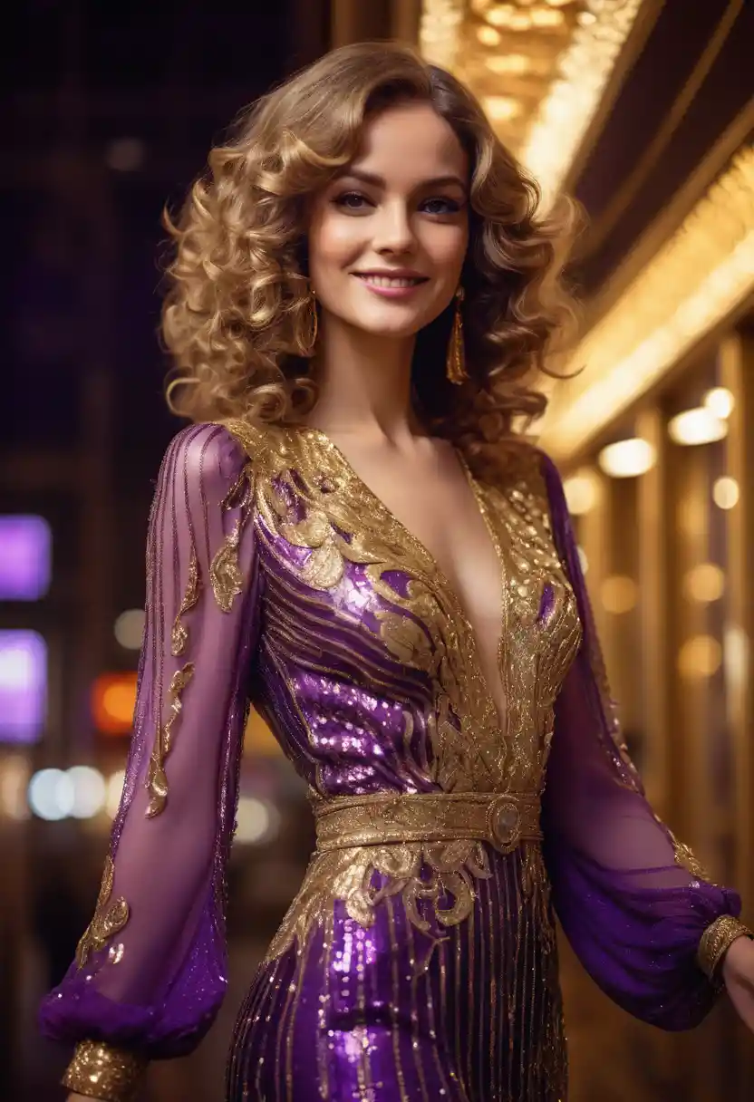 Stylish woman in purple and gold 1970s fashion portrait