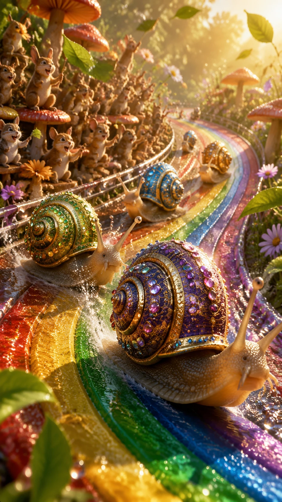 Carrera fantástica de caracoles en una pista arcoíris al amanecer