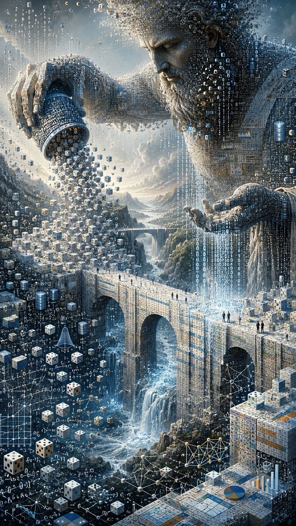 Gigantesco arquitecto cósmico vertiendo dados en cascada sobre mundos de datos