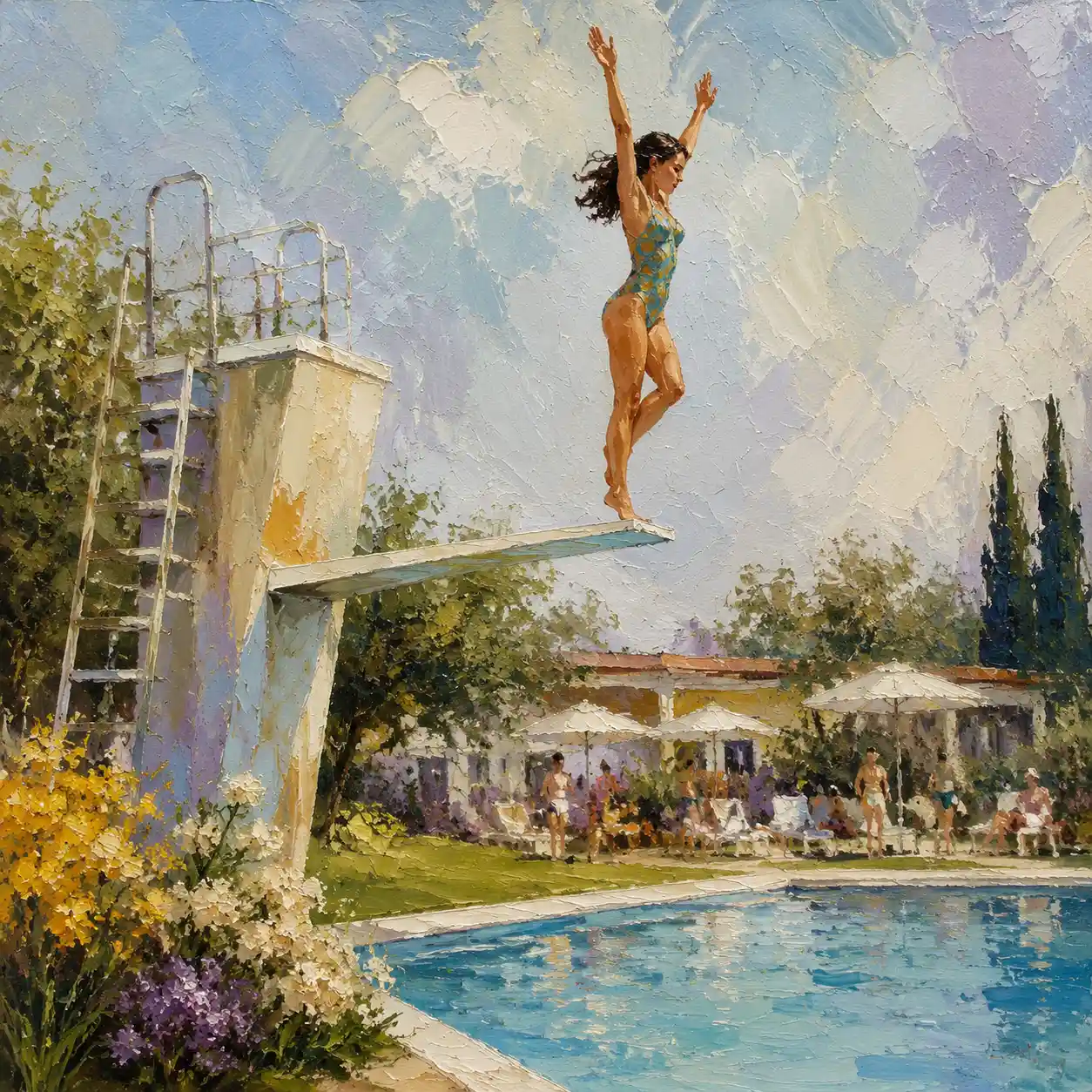 Niña zambulléndose desde el trampolín en una piscina soleada