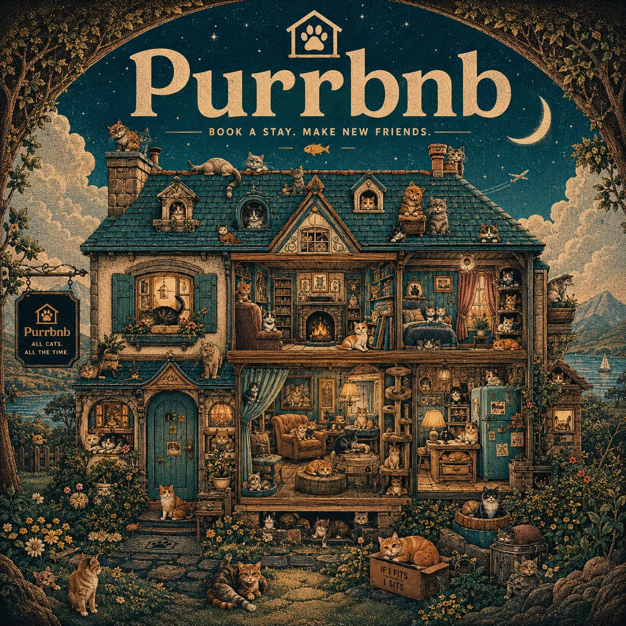 Whimsical cottage packed with hidden cats in every corner