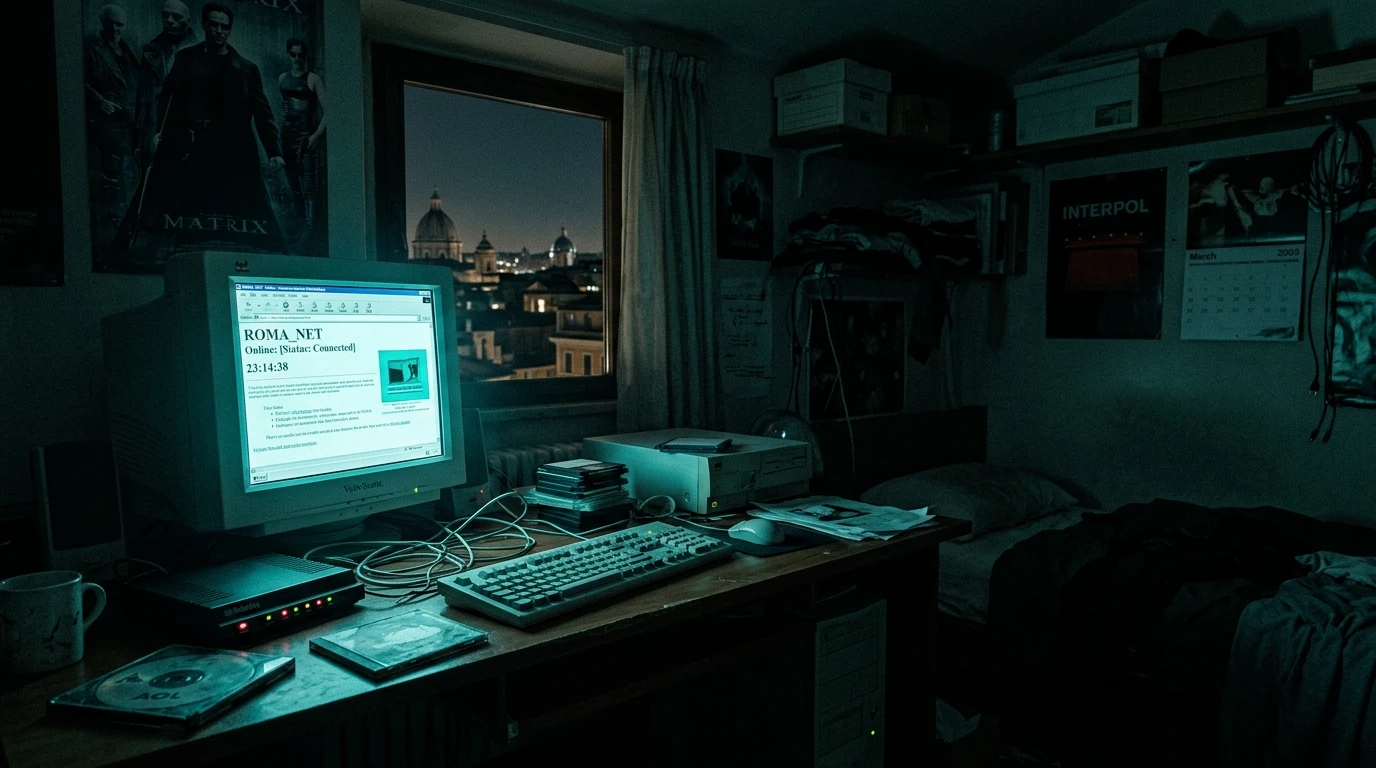 Dark bedroom with glowing crt monitor and tangled cables