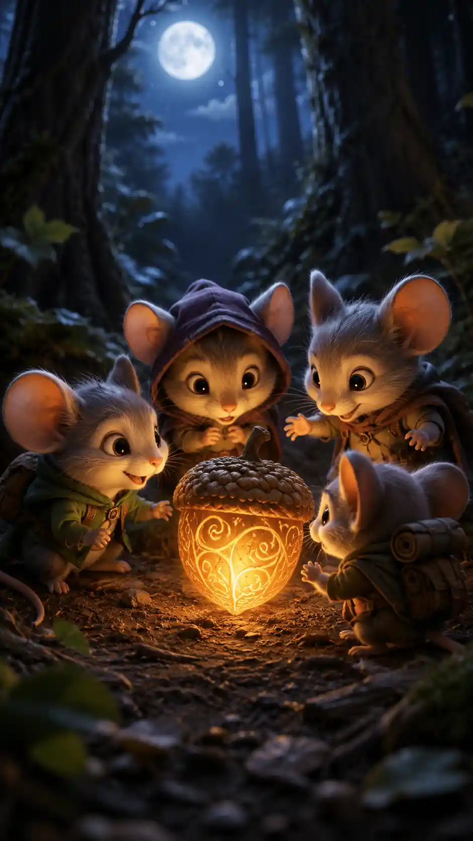 Pequeños ratones aventureros reunidos alrededor de una bellota mágica