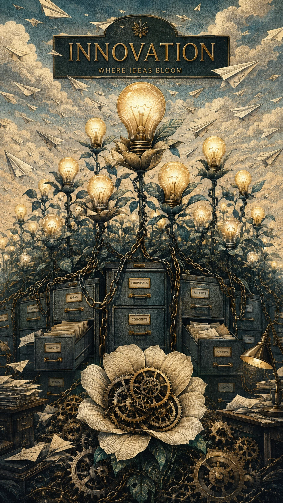 Surreal light bulbs blooming above chained office cabinets