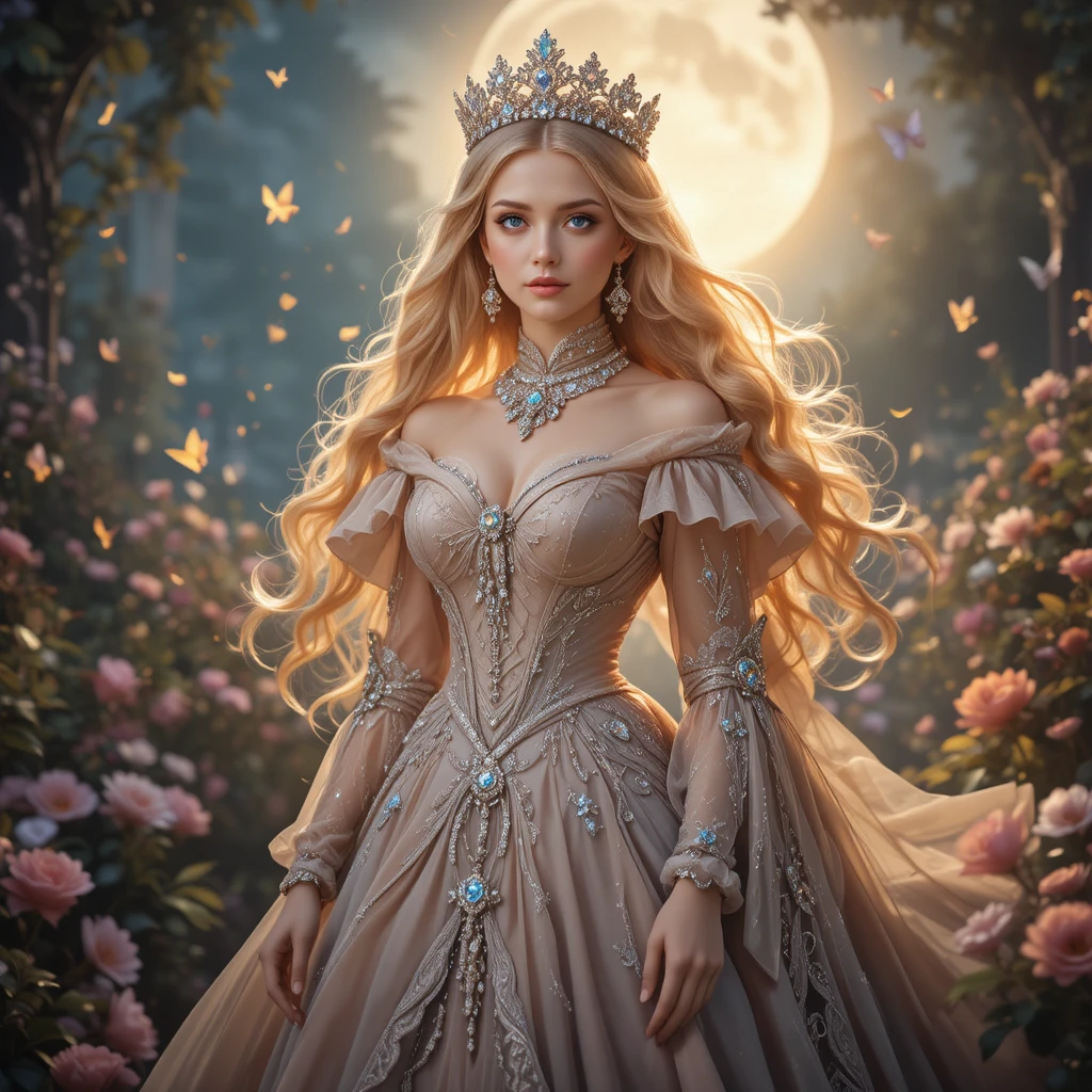 Princesa de fantasía real en un jardín mágico de flores a la luz de la luna