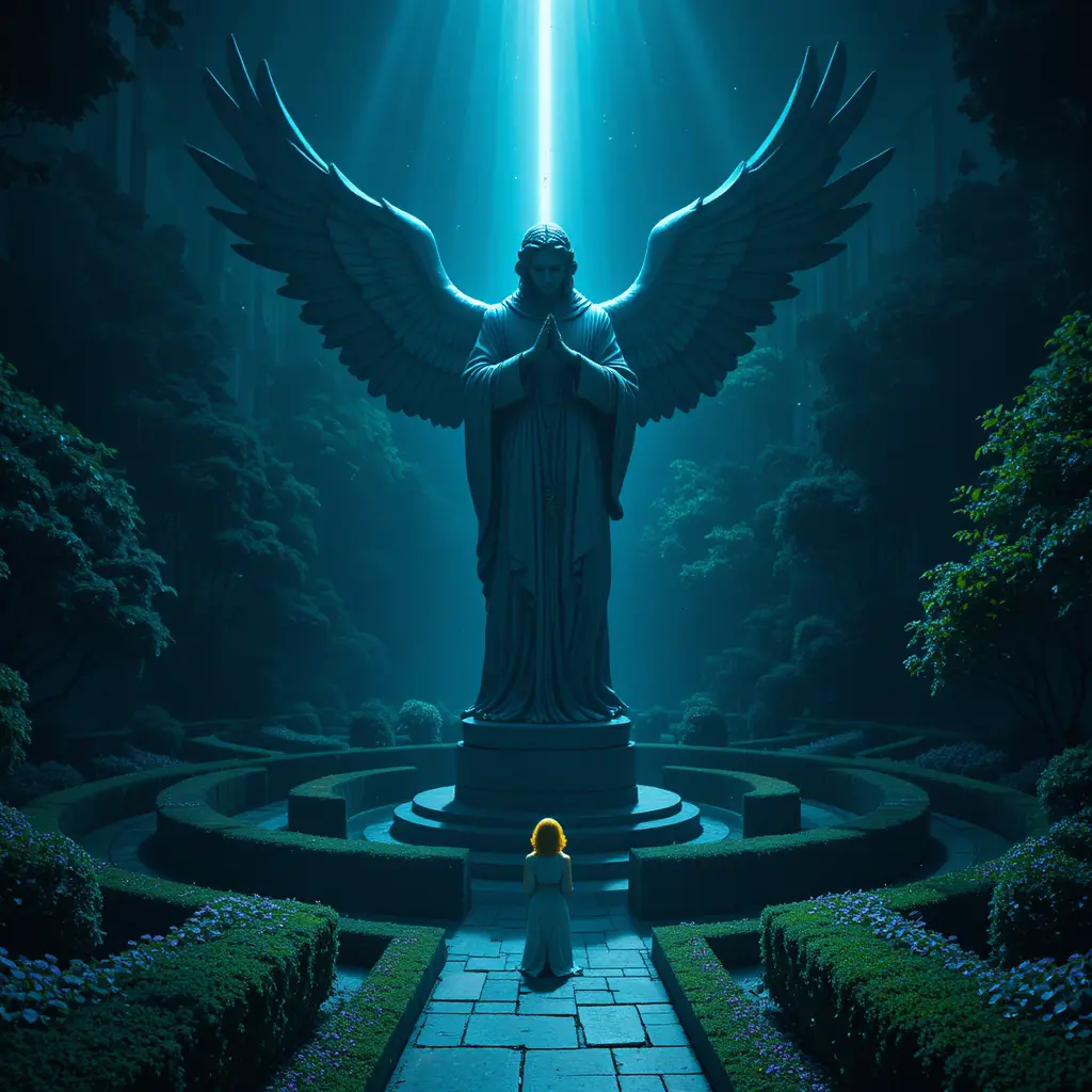 Stone angel statue in a dark circular garden maze