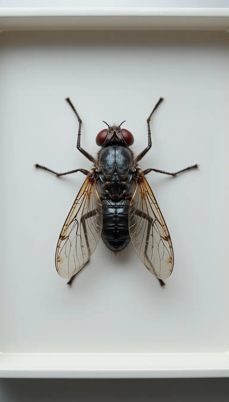 Vista macro di una mosca domestica morta su un vassoio da laboratorio bianco