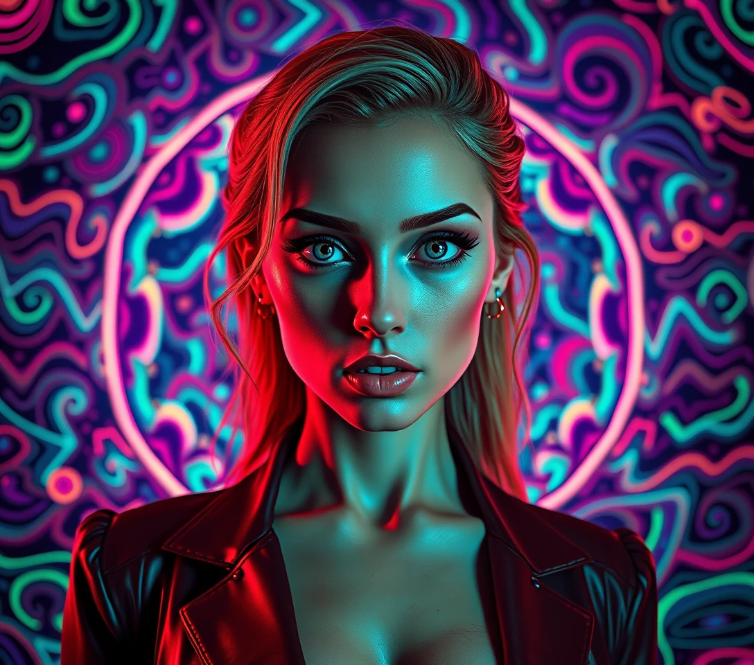 Retrato surrealista y audaz de mujer con fondo neón psicodélico