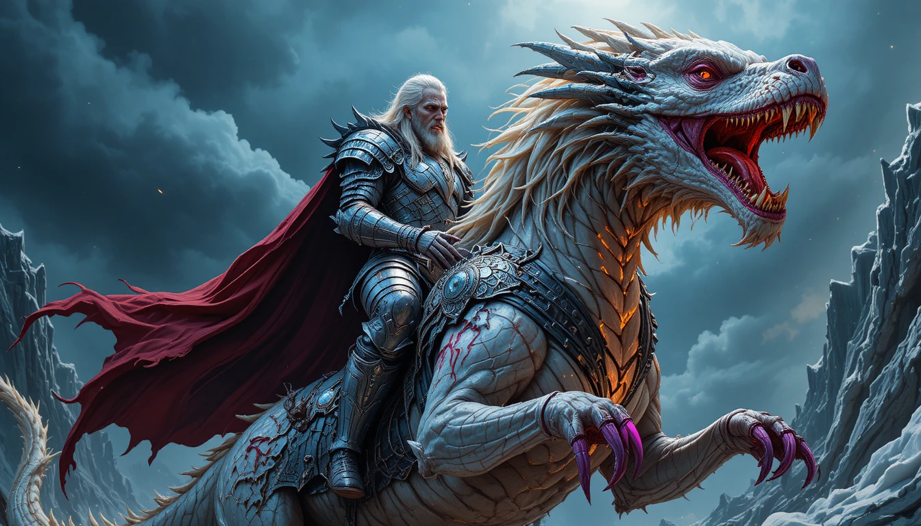 Caballero montando dragones gemelos bajo un cielo tormentoso
