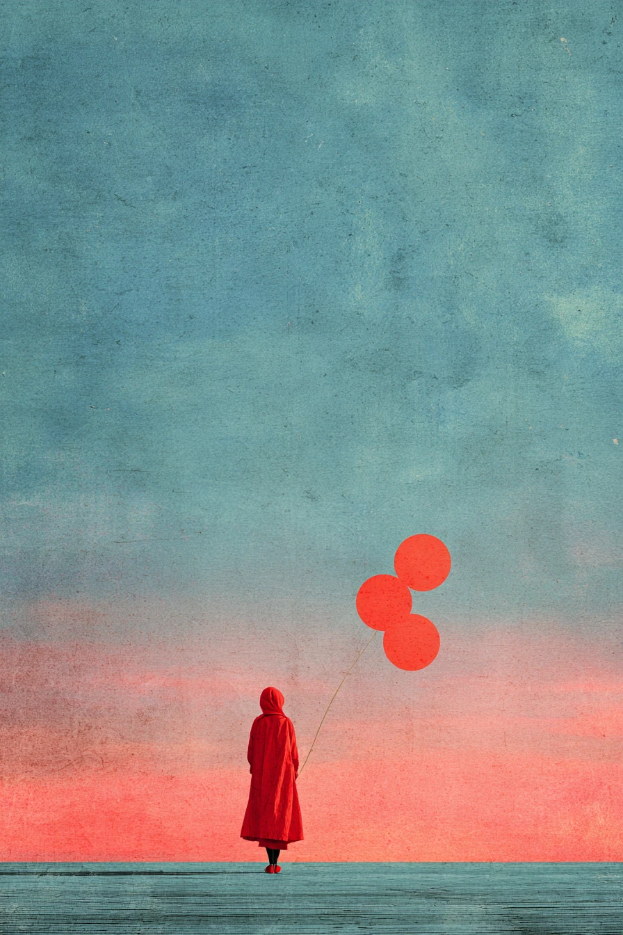 Arte de texto surreal e colorida sobre a busca pela felicidade