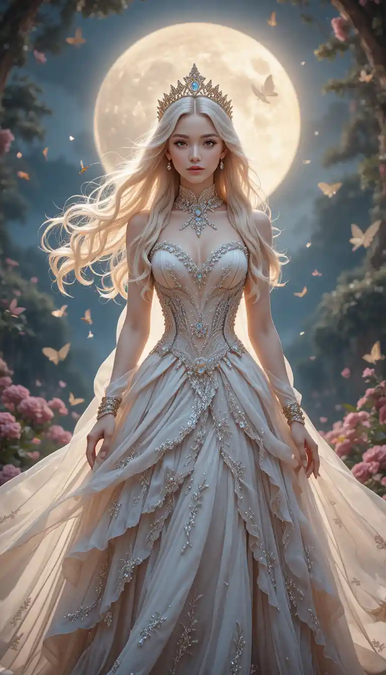 Élégante princesse fantastique dans un jardin de fleurs au clair de lune