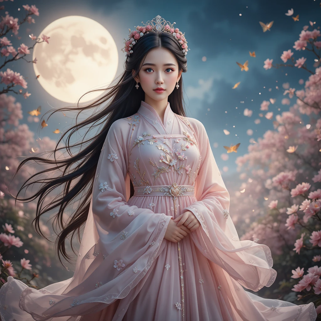 Korean royal princess in a moonlit enchanted flower garden
