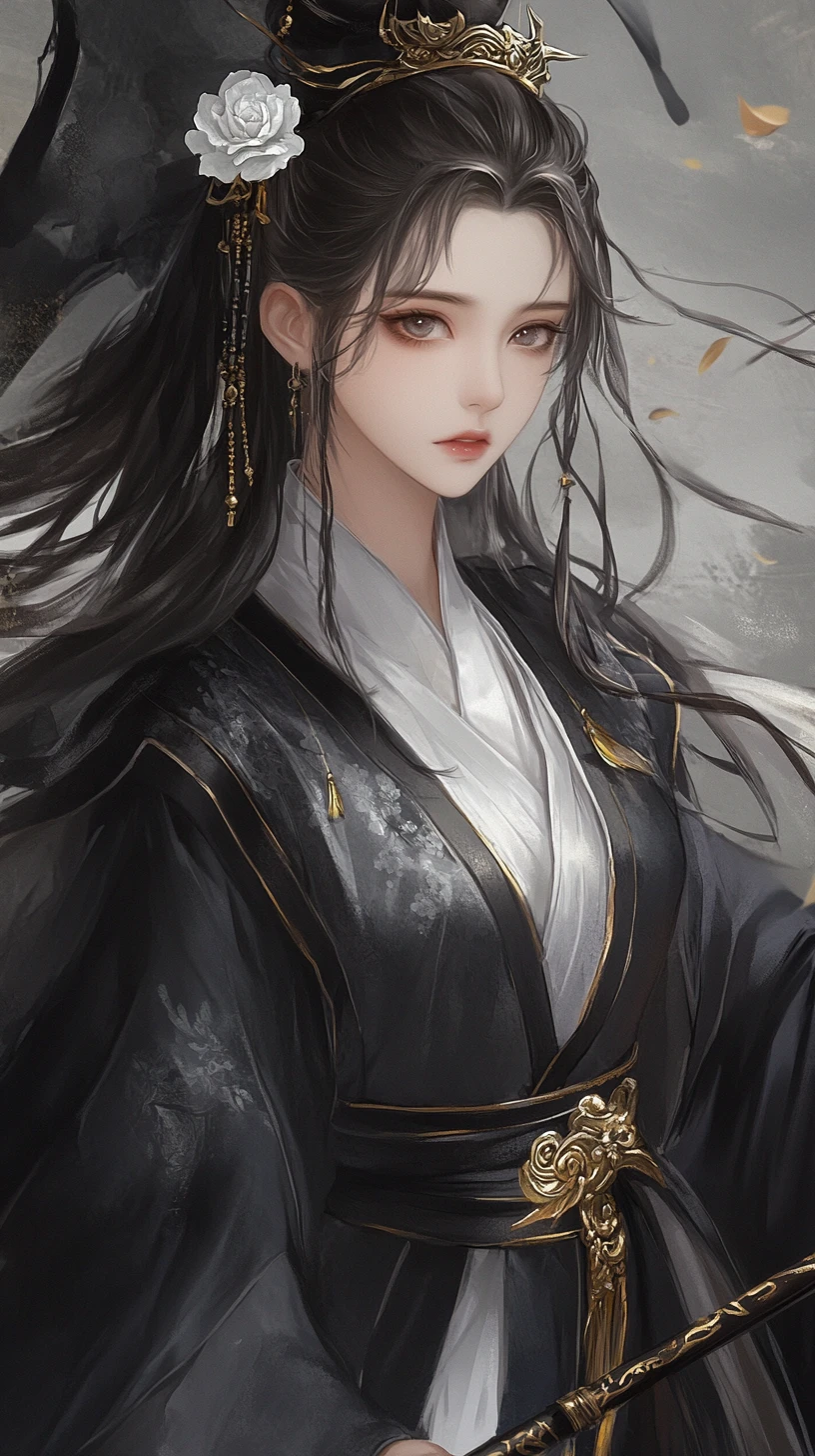 Garota de anime elegante com olhos prateados e cajado de serpente