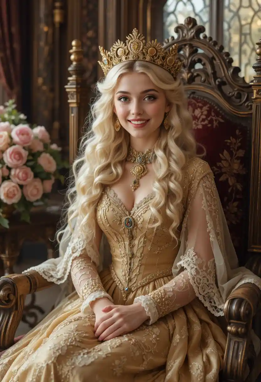 Chica rubia con tiara dorada sentada en un sillón de palacio
