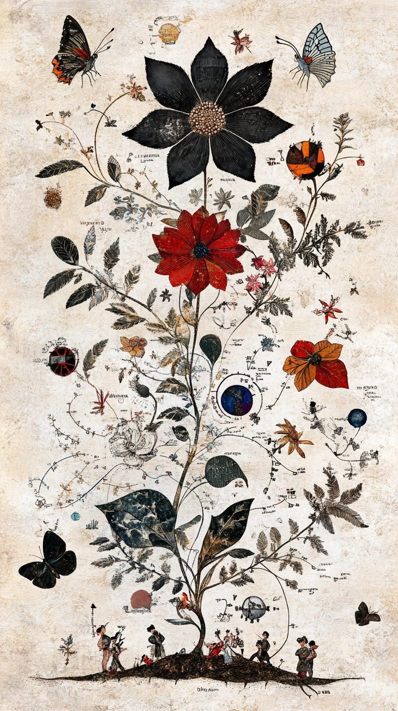 Flores botánicas fusionadas con paneles de analítica surrealistas