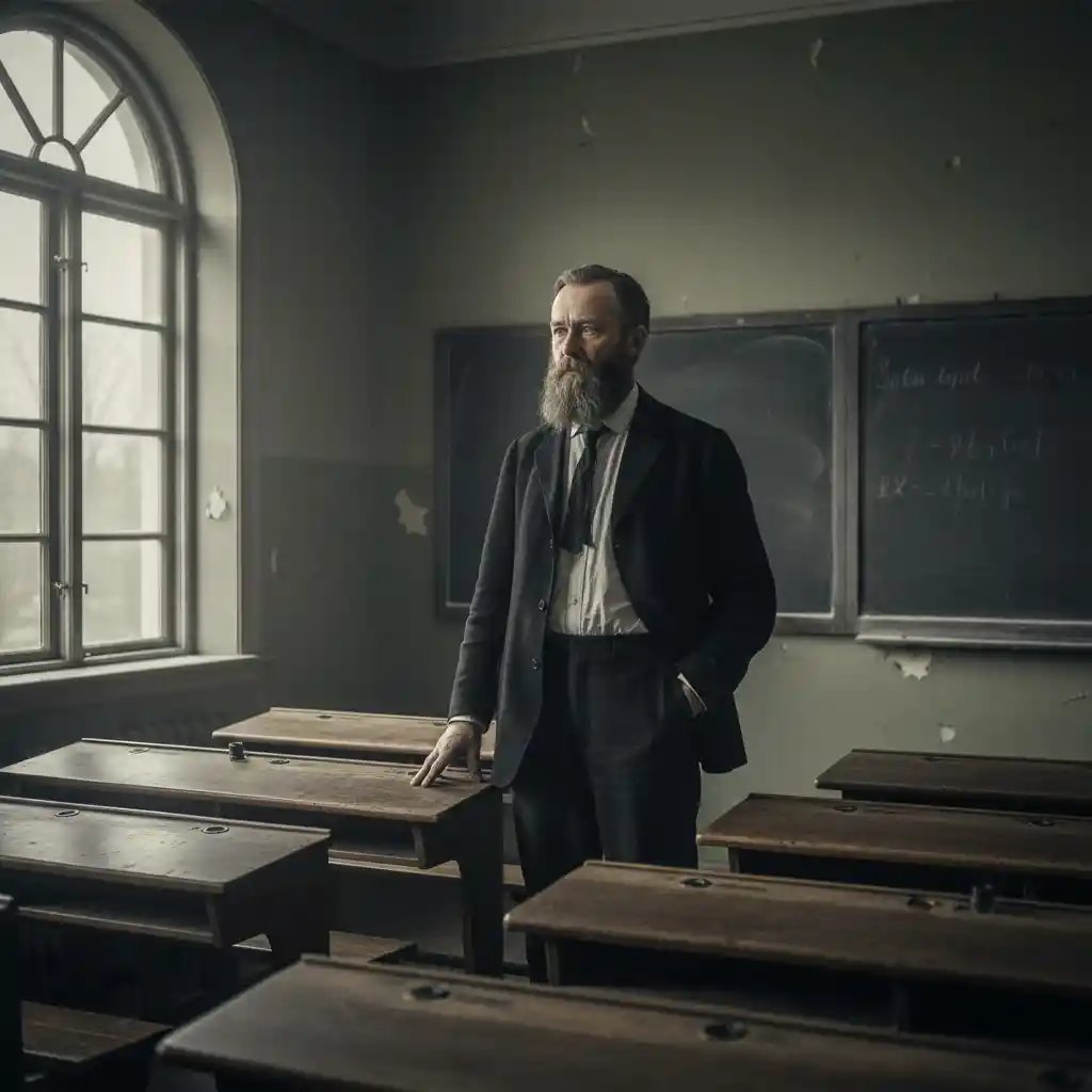Stern swedish schoolteacher in a dim 1918 classroom