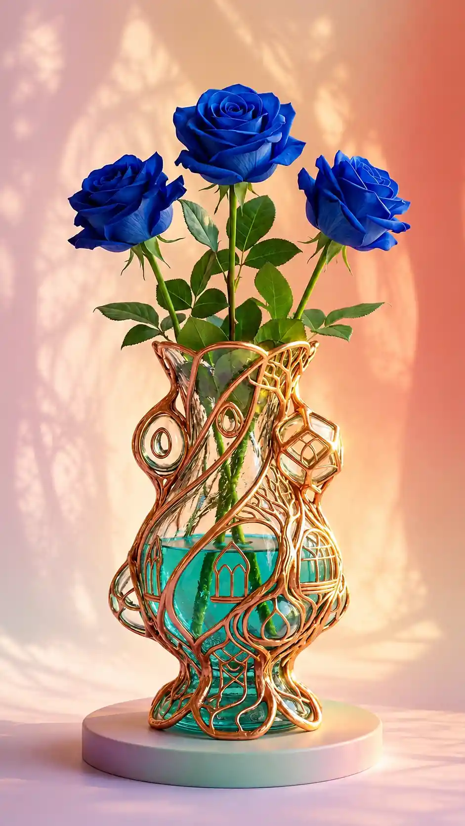 Jarrón de vidrio surrealista con rosas azules y luz del sol