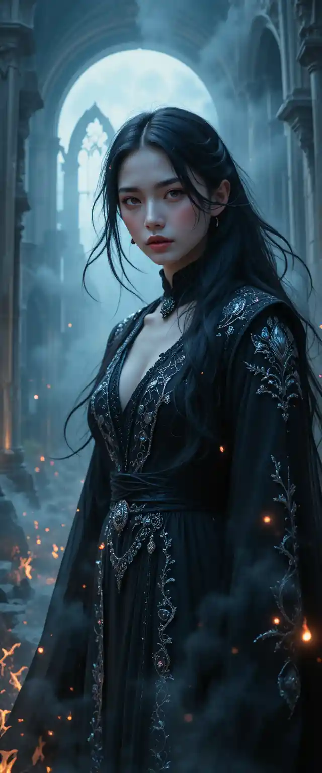 月光下哥德式大教堂中的優雅吸血鬼女子