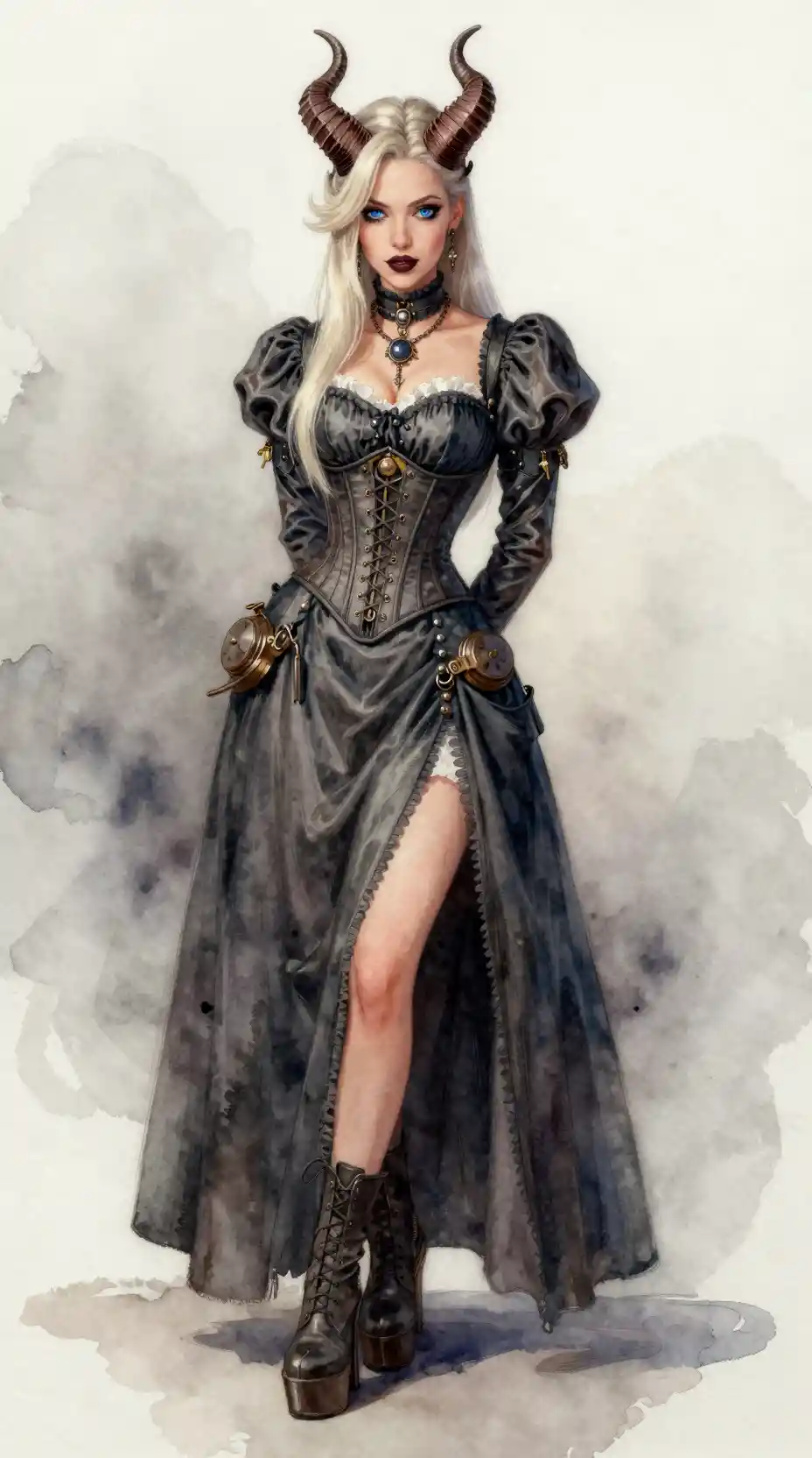 Mujer fantástica con vestido corsé steampunk y cuernos