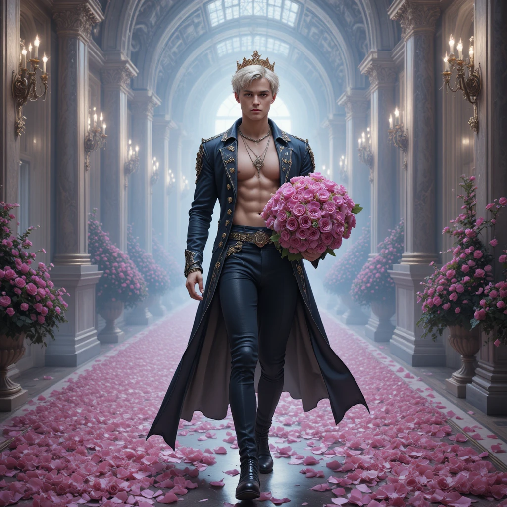 Joven noble coronado caminando por un salón cubierto de rosas
