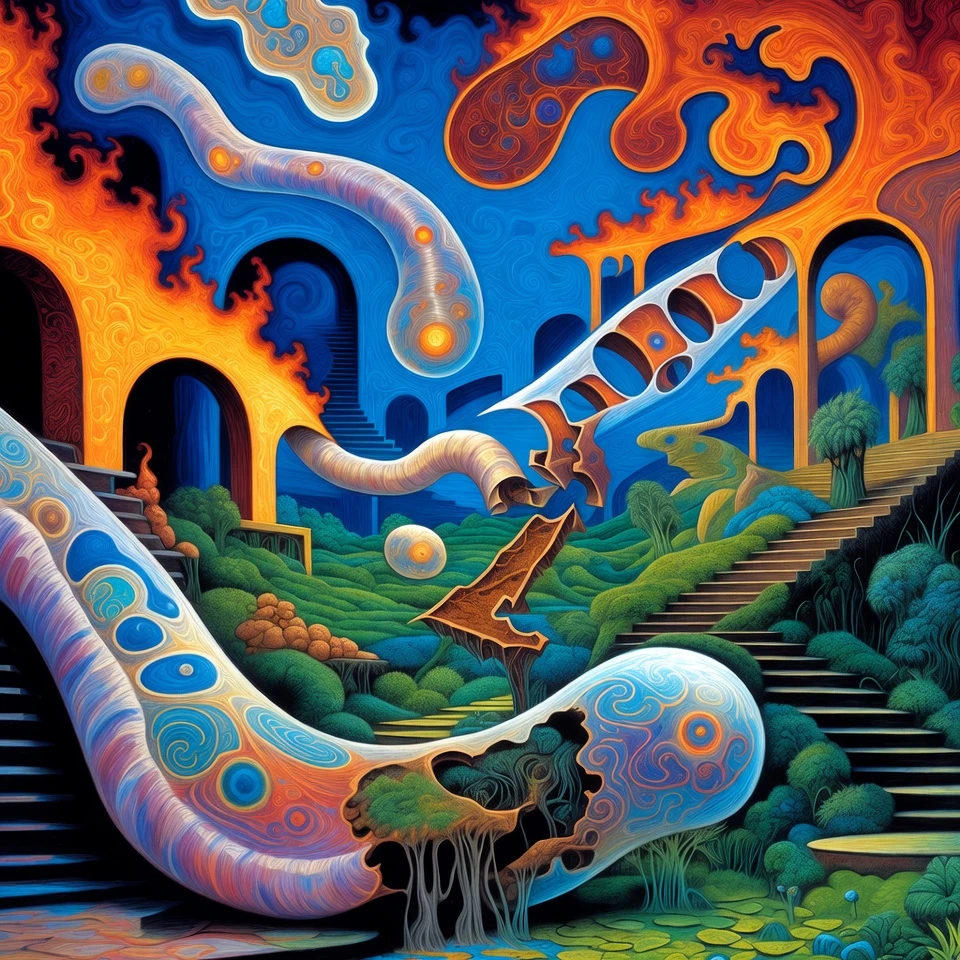 Abstract tubular creatures in surreal contemplative drawing