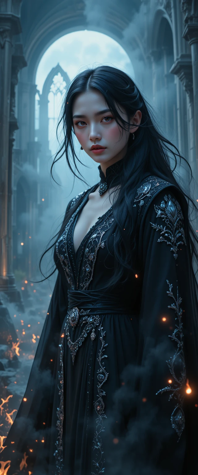 Elegante mujer vampiro en catedral gótica iluminada por la luna
