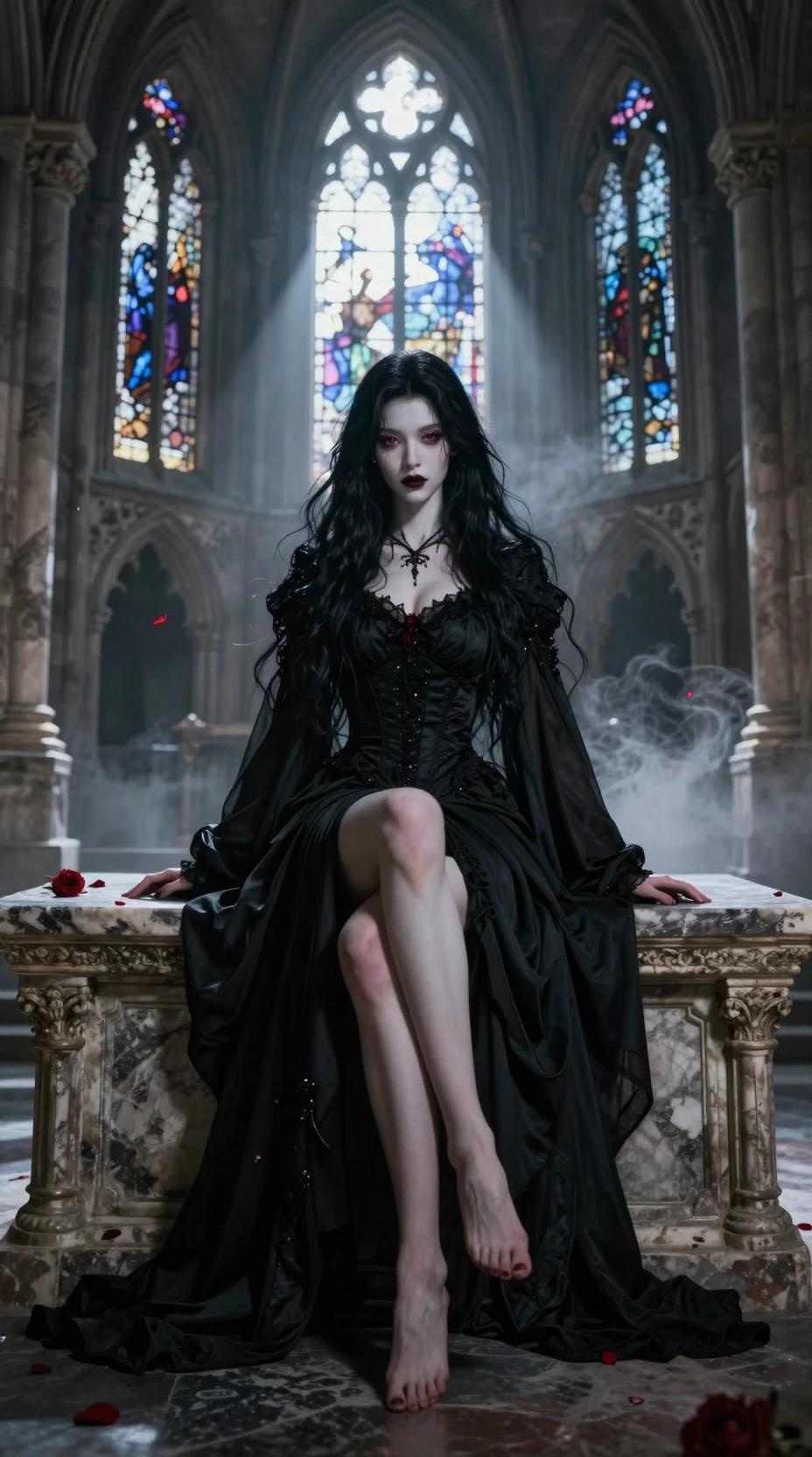 Reina vampira en altar antiguo entre ruinas de catedral gótica