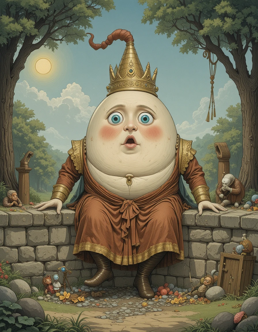 Personaje huevo Humpty Dumpty sentado en un muro