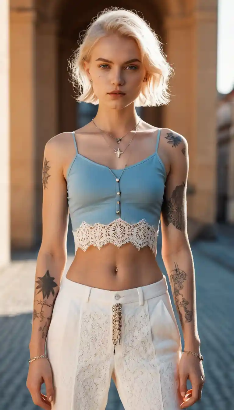 Retrato de chica nórdica serena con top corto chic