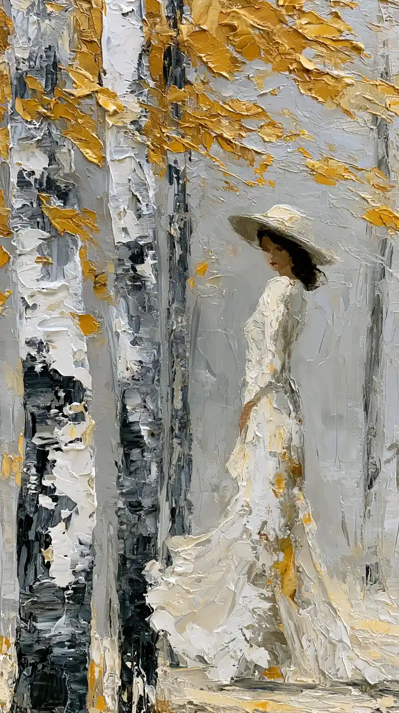 Mujer con sombrero de ala ancha entre abedules - Pintura