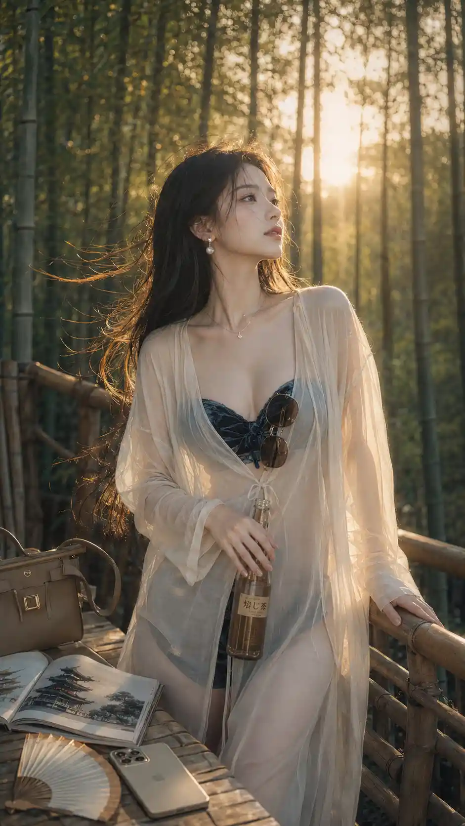 Retrato cinematográfico romántico de una mujer en un bosque de bambú