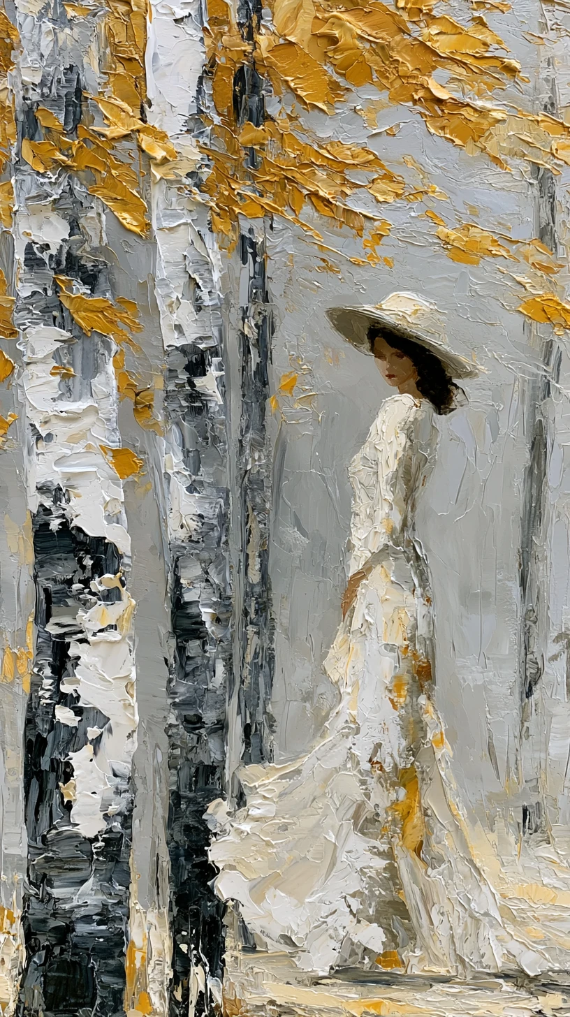 Mujer con sombrero de ala ancha entre abedules - Pintura