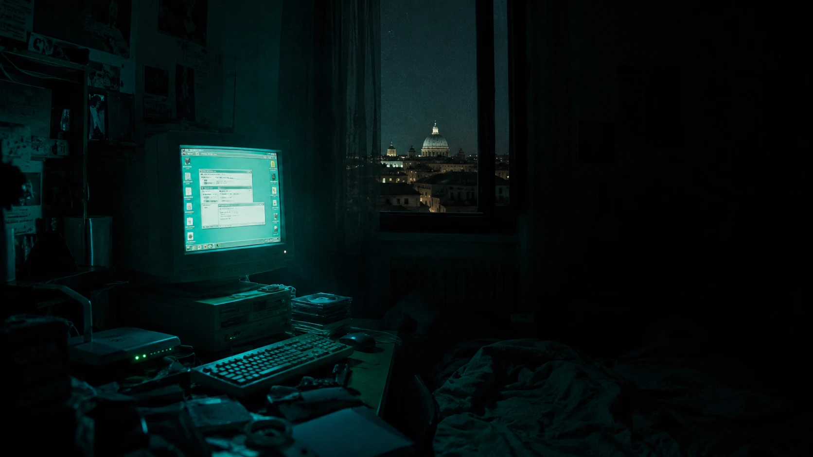 Dark bedroom with glowing crt monitor and messy desk