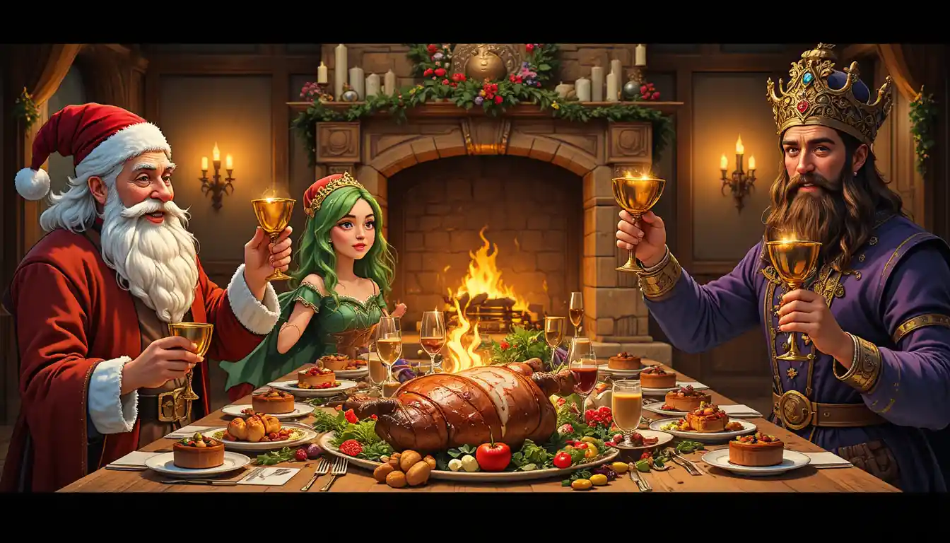 Medieval Christmas feast with joyful fantasy nobles