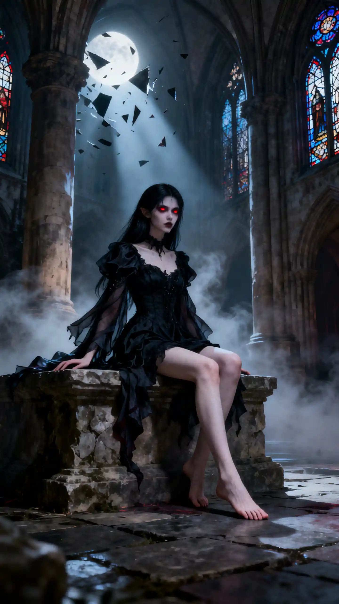 Vampire woman on ancient stone platform in cathedral