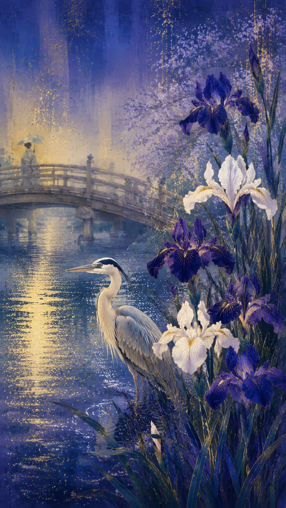 靜謐水邊的優雅鷺鳥與鳶尾花