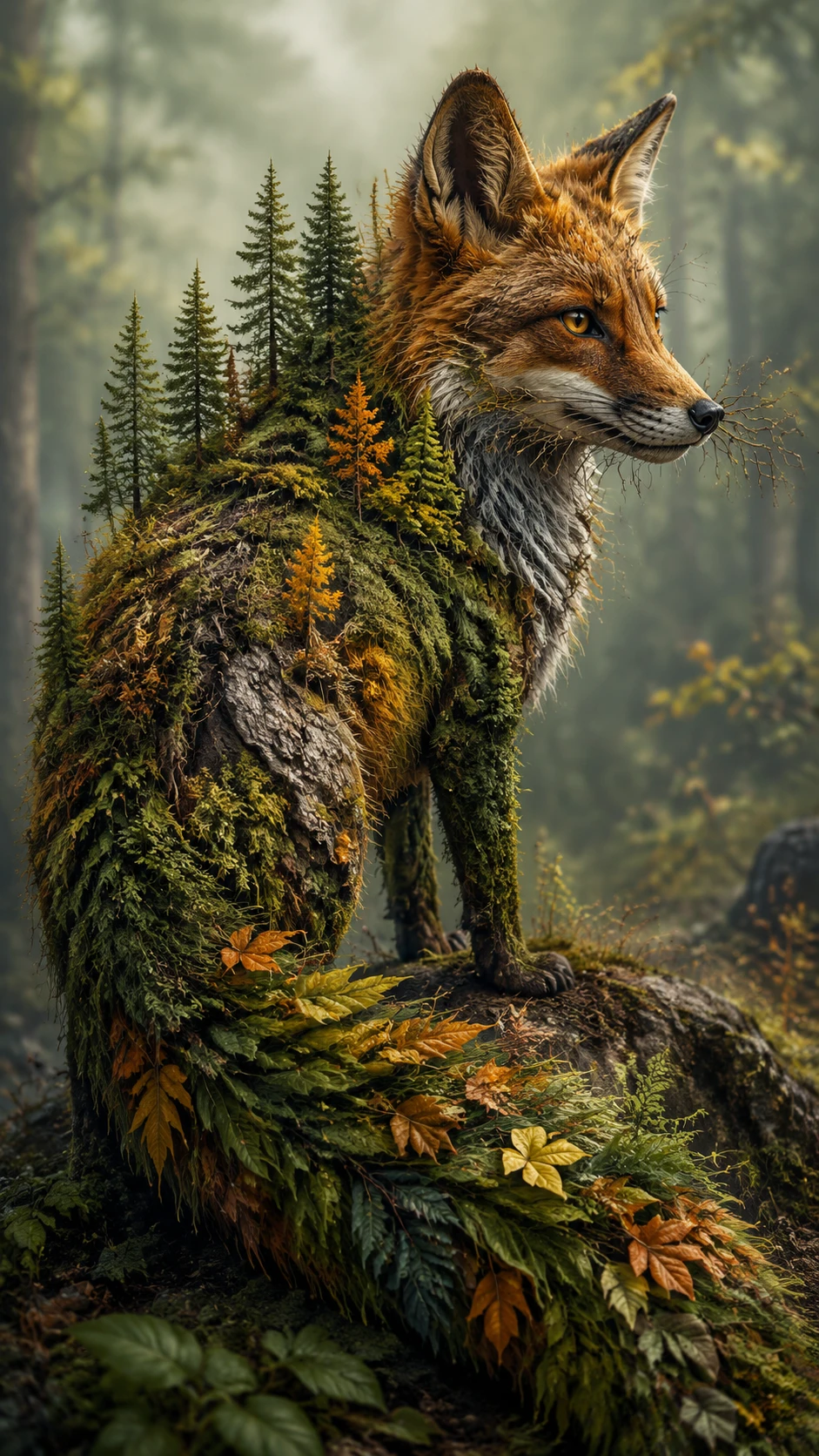 Zorro que se transforma sin fisuras en un exuberante paisaje de bosque