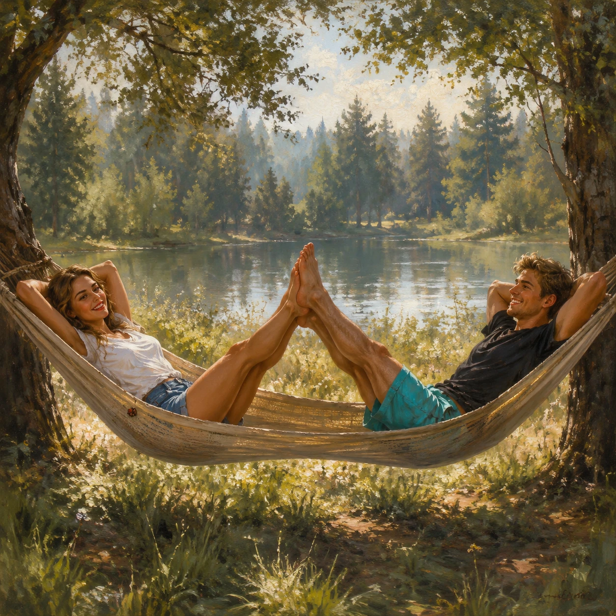 Pareja romántica relajándose en una hamaca en la naturaleza