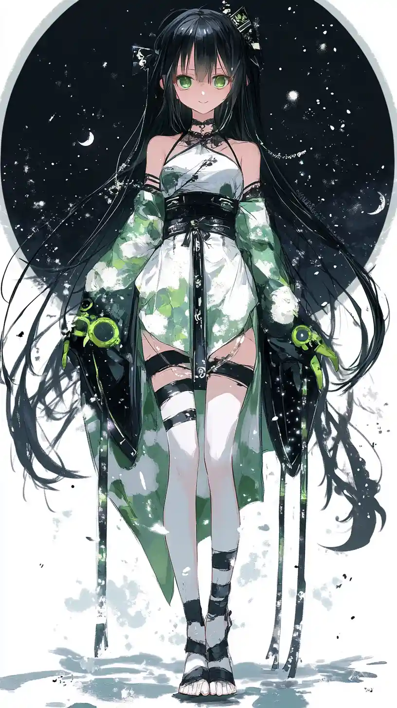 Anime girl in green outfit with celestial white skirt