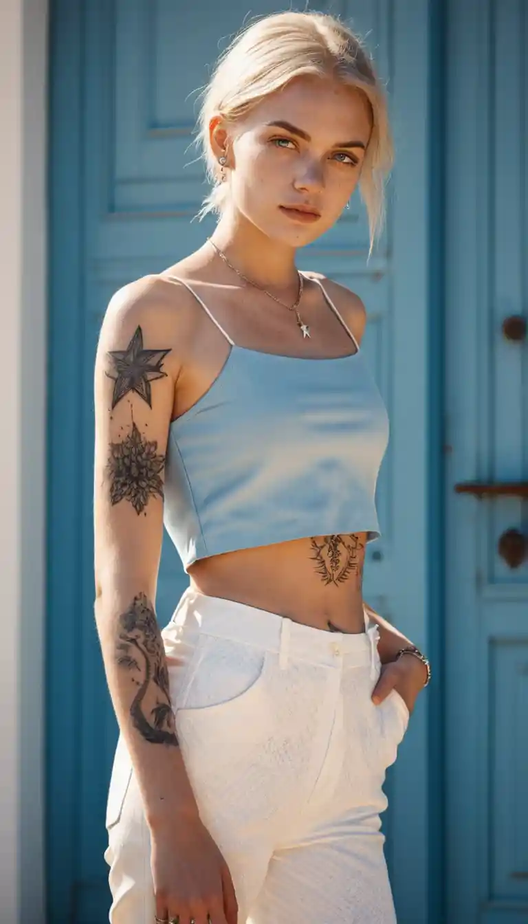 Serene nordic girl in pale blue crop top portrait